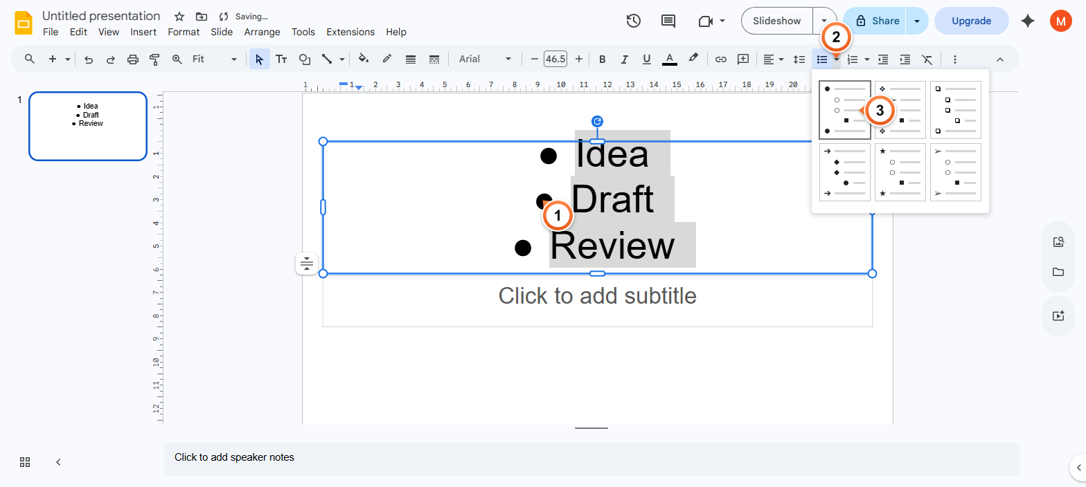 How to change the bullet style in Google Slides?
