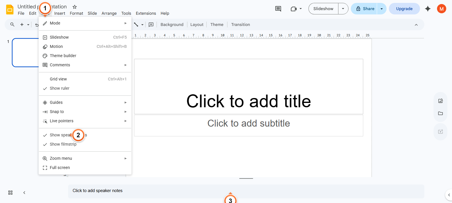 How to show the speaker notes panel in Google Slides?