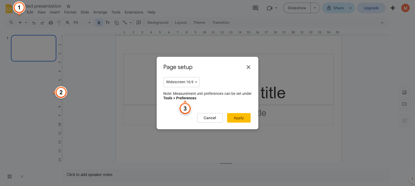 How to open Page setup in Google Slides?