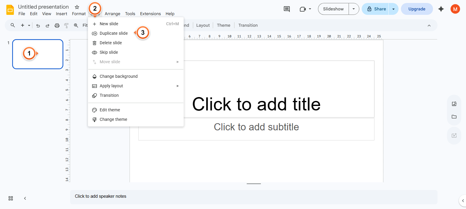 How to duplicate a slide using the Slide menu?