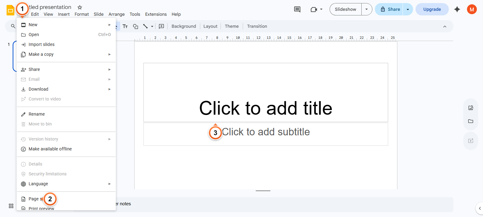 How to open Page setup in Google Slides?