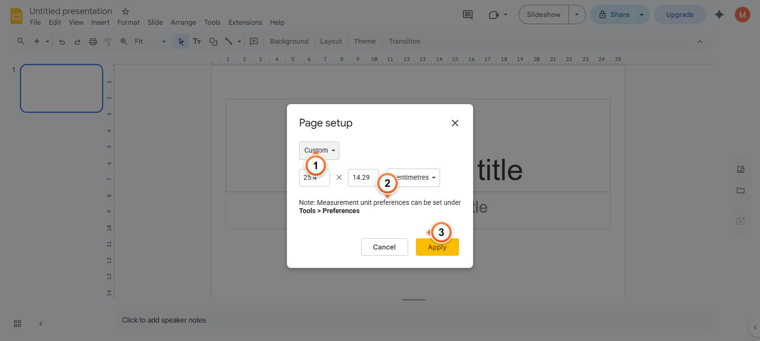 How to set a custom slide size in Google Slides?
